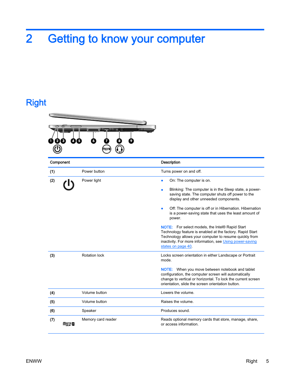 Getting to know your computer, Right, 2 getting to know your computer | Getting to know your, 2getting to know your computer | HP EliteBook Revolve 810 G2 Tablet User Manual | Page 15 / 116
