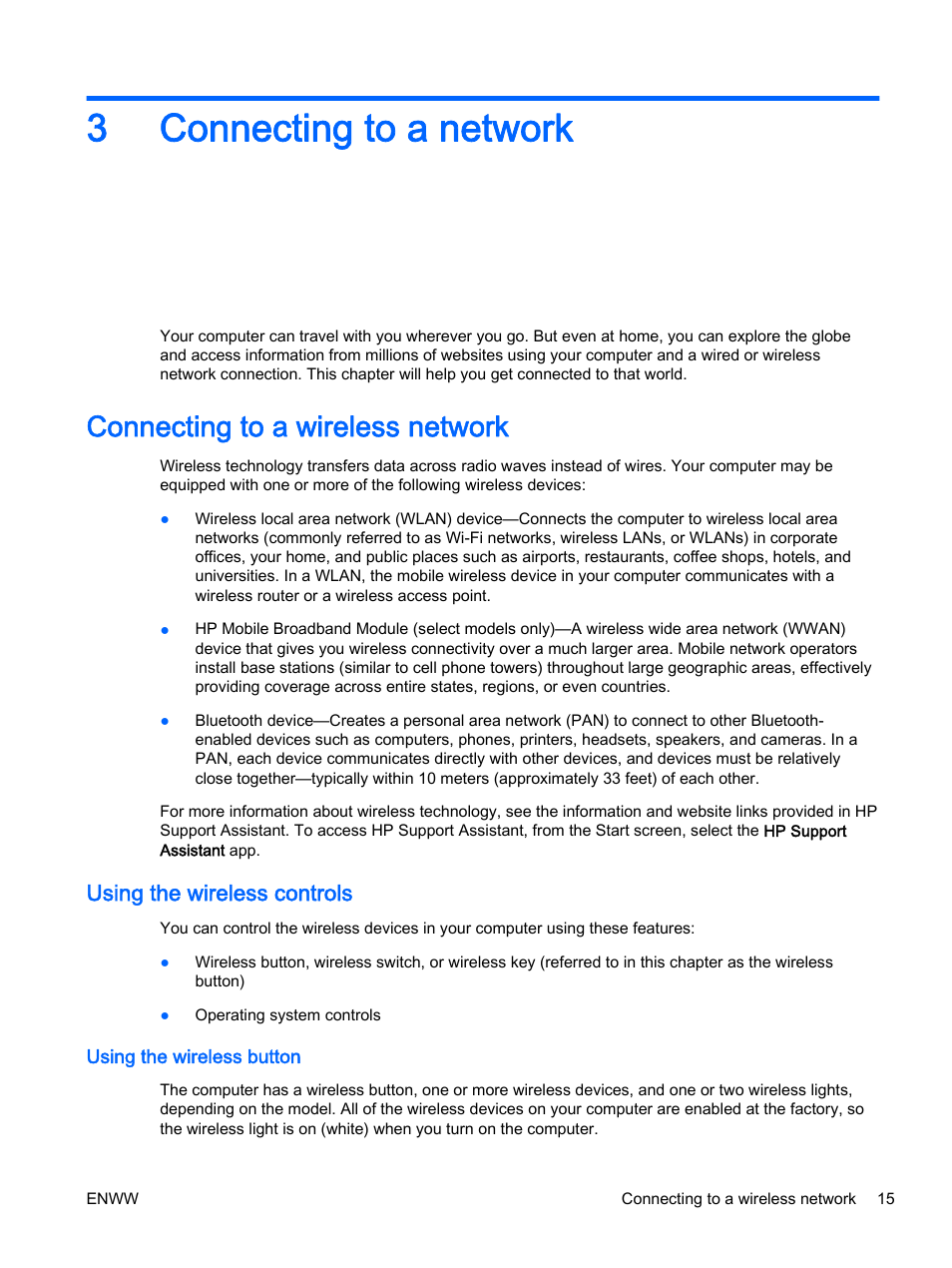 Connecting to a network, Connecting to a wireless network, Using the wireless controls | Using the wireless button, 3 connecting to a network, 3connecting to a network | HP EliteBook Revolve 810 G2 Tablet User Manual | Page 25 / 116