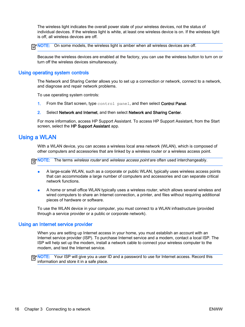 Using operating system controls, Using a wlan, Using an internet service provider | HP EliteBook Revolve 810 G2 Tablet User Manual | Page 26 / 116