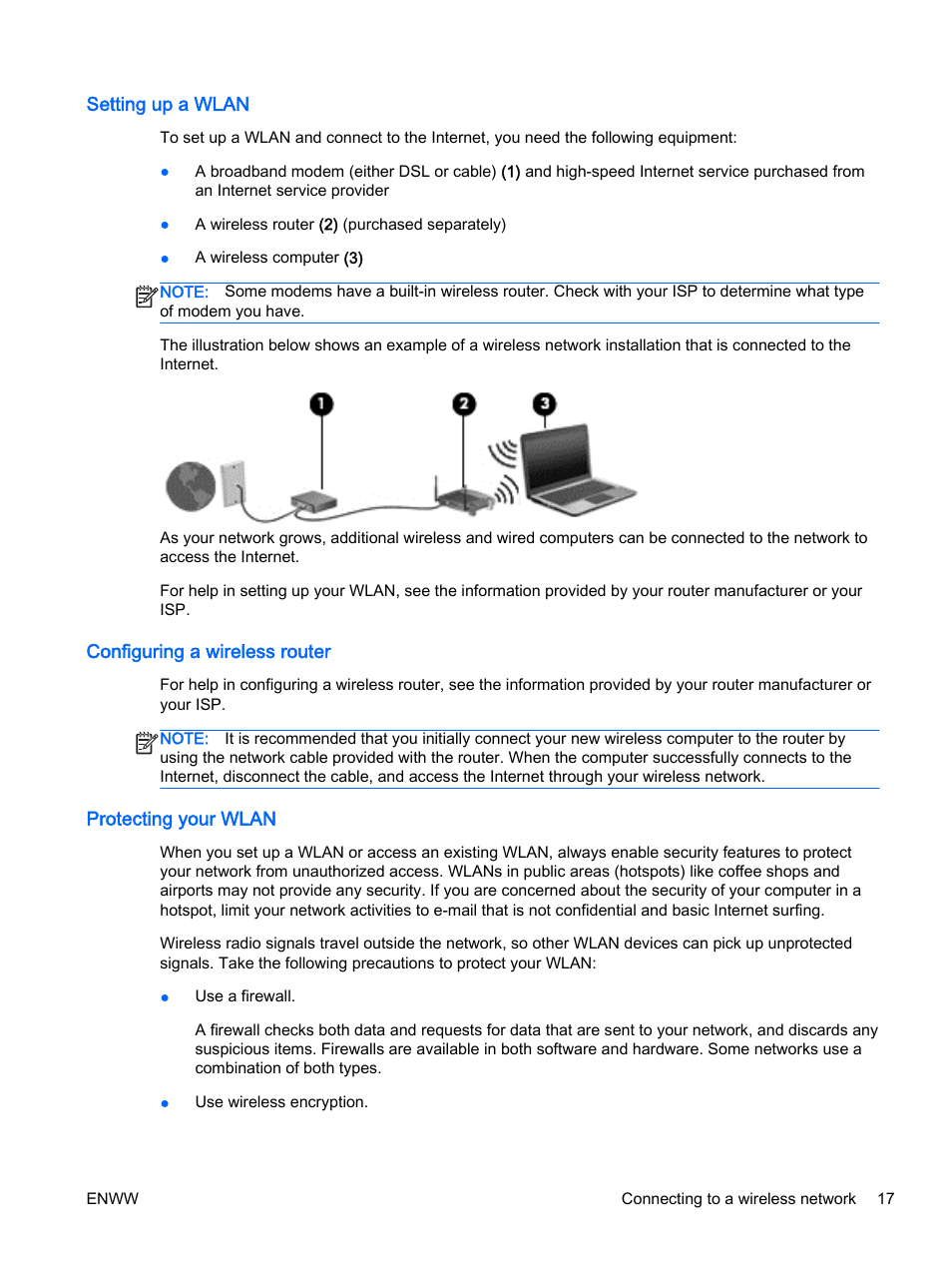 Setting up a wlan, Configuring a wireless router, Protecting your wlan | HP EliteBook Revolve 810 G2 Tablet User Manual | Page 27 / 116