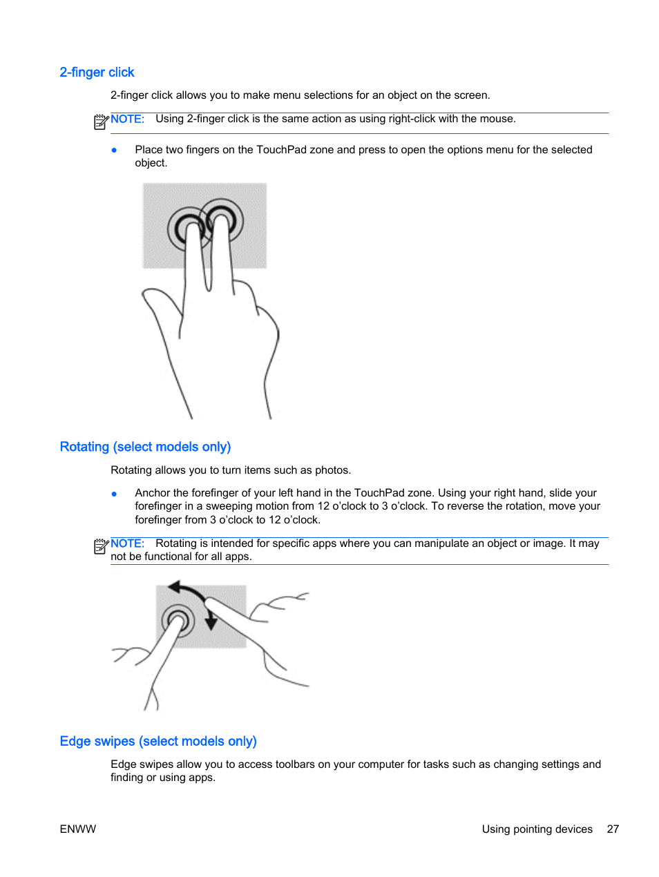 Finger click, Rotating (select models only), Edge swipes (select models only) | Edge swipes (select | HP EliteBook Revolve 810 G2 Tablet User Manual | Page 37 / 116