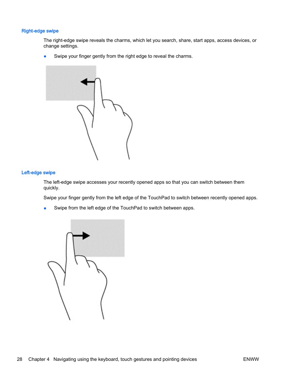 Right-edge swipe, Left-edge swipe, Right-edge swipe left-edge swipe | HP EliteBook Revolve 810 G2 Tablet User Manual | Page 38 / 116