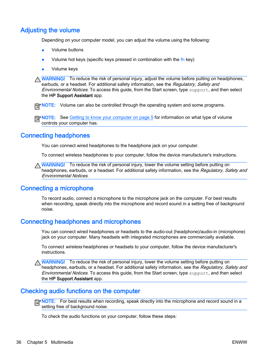 Adjusting the volume, Connecting headphones, Connecting a microphone | Connecting headphones and microphones, Checking audio functions on the computer | HP EliteBook Revolve 810 G2 Tablet User Manual | Page 46 / 116