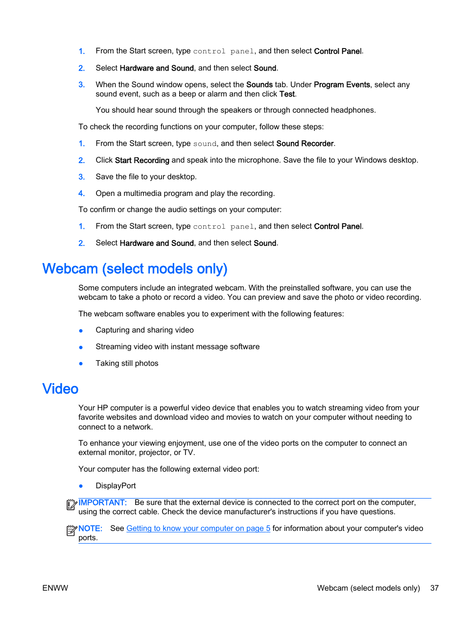 Webcam (select models only), Video, Webcam (select models only) video | HP EliteBook Revolve 810 G2 Tablet User Manual | Page 47 / 116