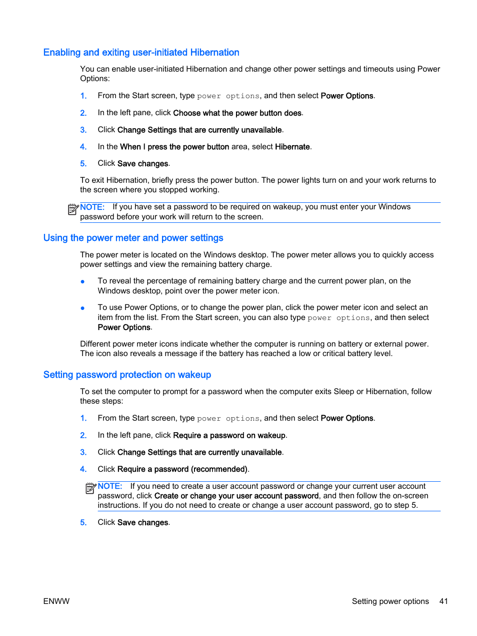 Enabling and exiting user-initiated hibernation, Using the power meter and power settings, Setting password protection on wakeup | HP EliteBook Revolve 810 G2 Tablet User Manual | Page 51 / 116