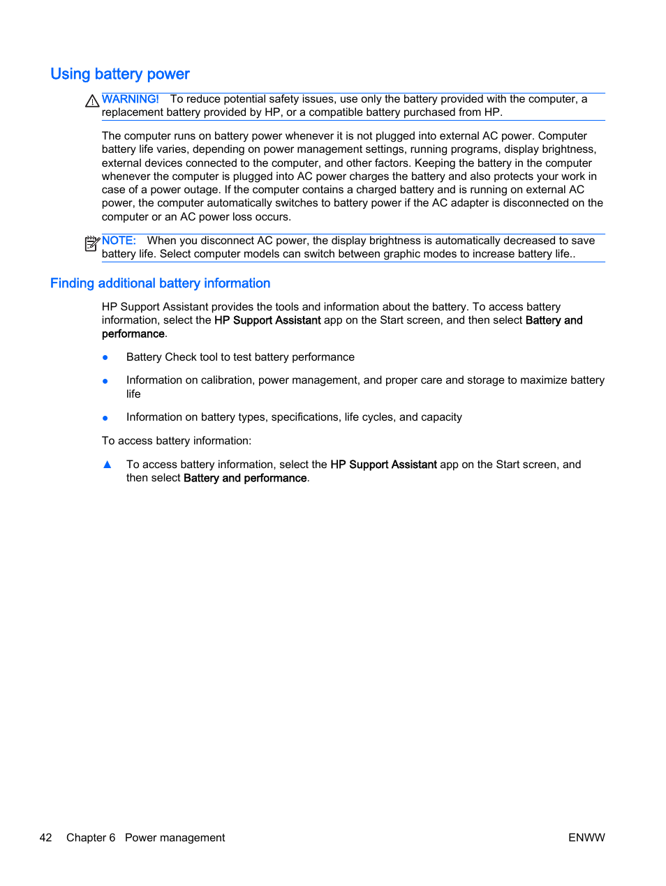 Using battery power, Finding additional battery information | HP EliteBook Revolve 810 G2 Tablet User Manual | Page 52 / 116