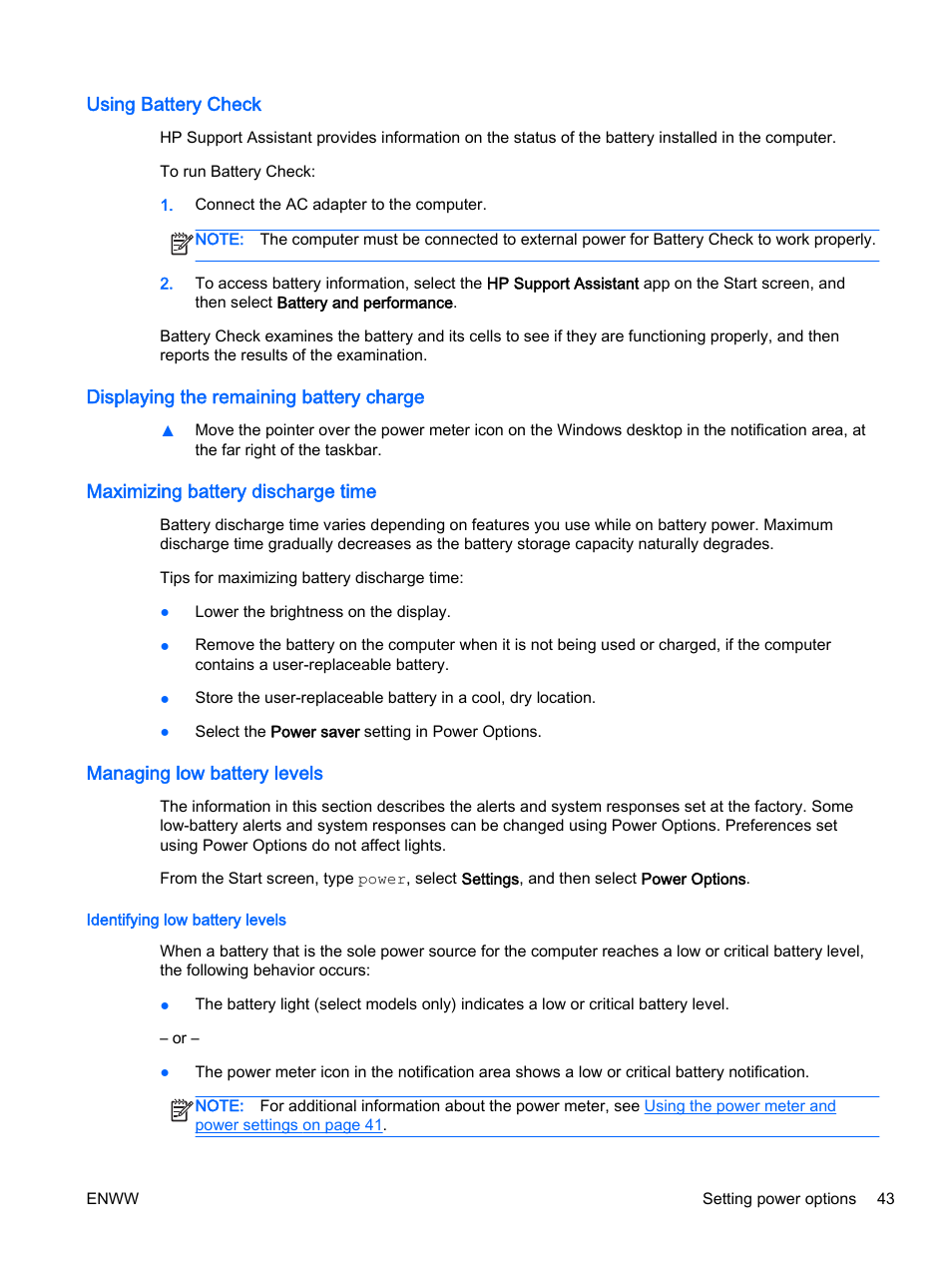 Using battery check, Displaying the remaining battery charge, Maximizing battery discharge time | Managing low battery levels, Identifying low battery levels | HP EliteBook Revolve 810 G2 Tablet User Manual | Page 53 / 116