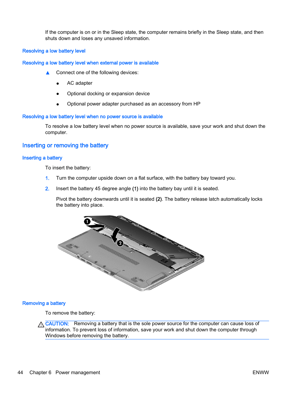 Resolving a low battery level, Inserting or removing the battery, Inserting a battery | Removing a battery, Inserting a battery removing a battery | HP EliteBook Revolve 810 G2 Tablet User Manual | Page 54 / 116