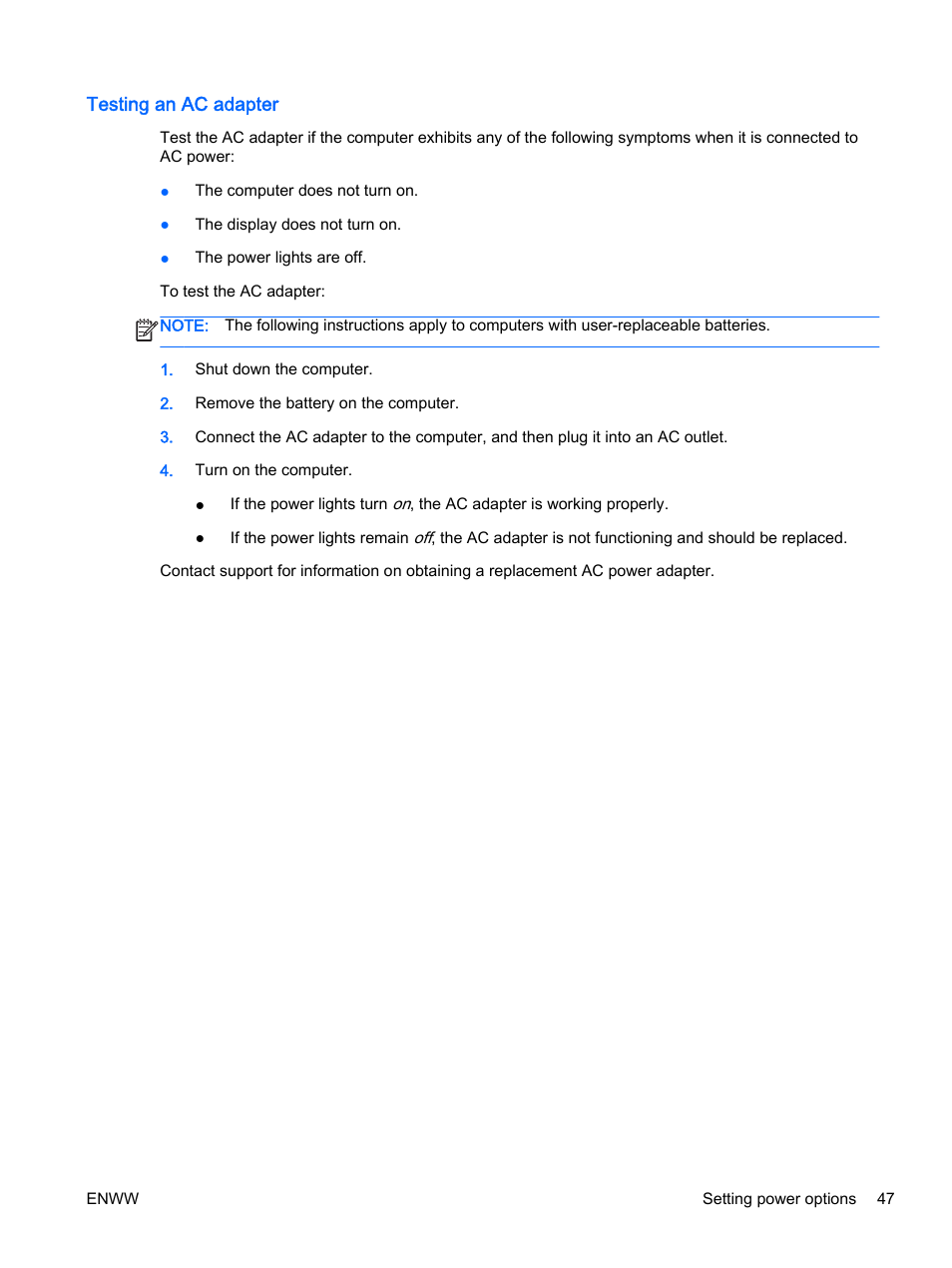 Testing an ac adapter | HP EliteBook Revolve 810 G2 Tablet User Manual | Page 57 / 116