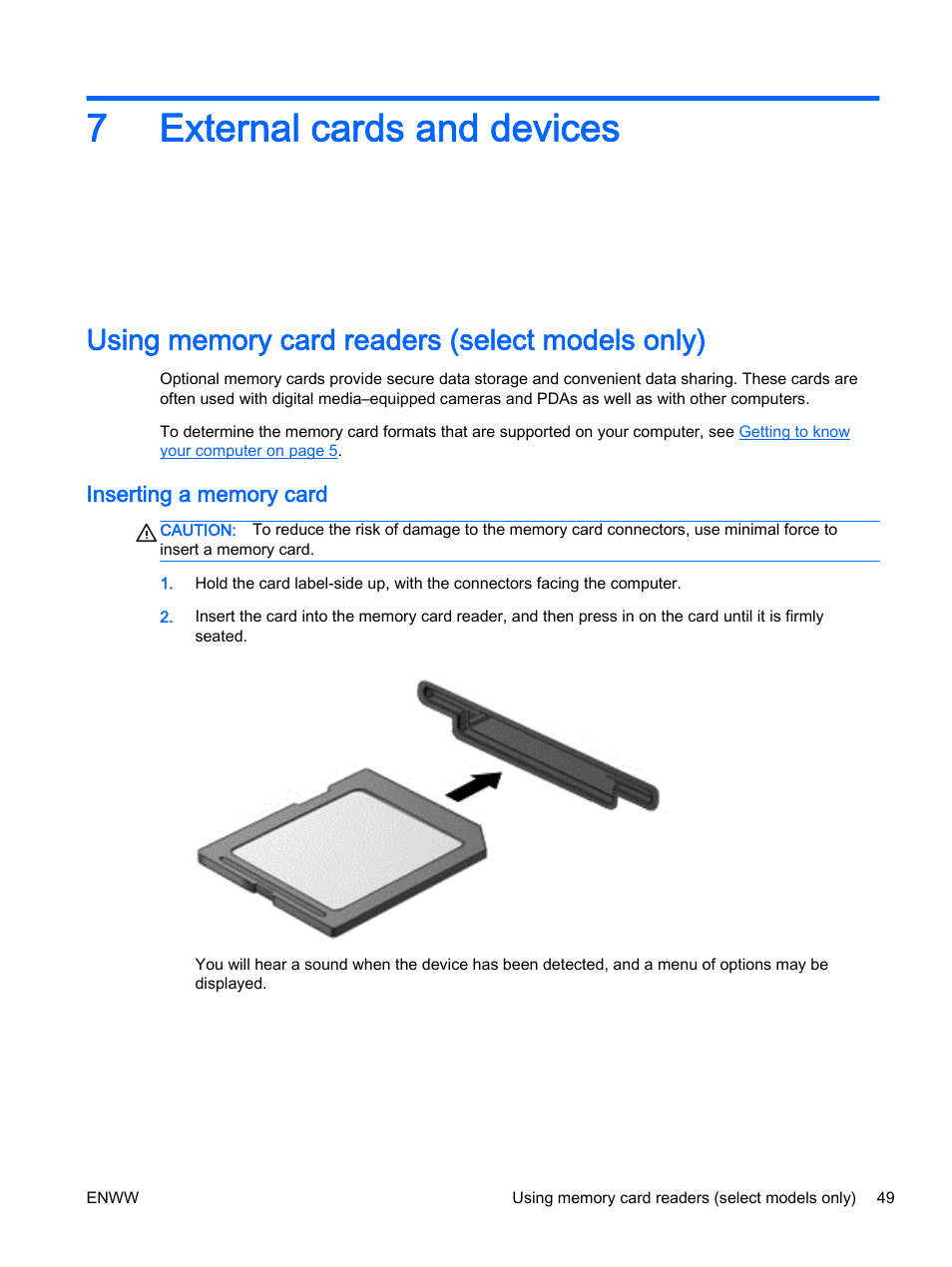 External cards and devices, Using memory card readers (select models only), Inserting a memory card | 7 external cards and devices, 7external cards and devices | HP EliteBook Revolve 810 G2 Tablet User Manual | Page 59 / 116