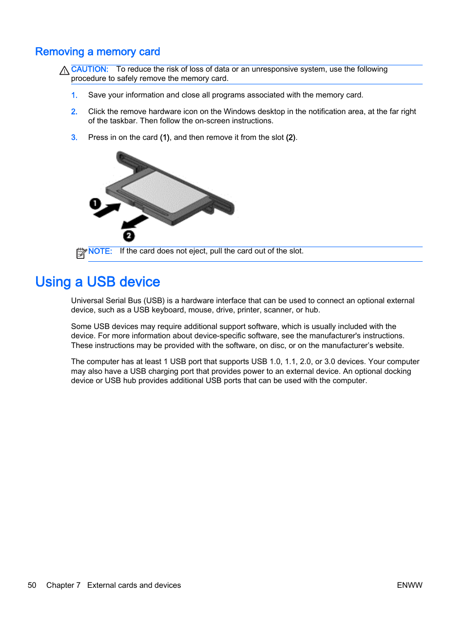 Removing a memory card, Using a usb device | HP EliteBook Revolve 810 G2 Tablet User Manual | Page 60 / 116