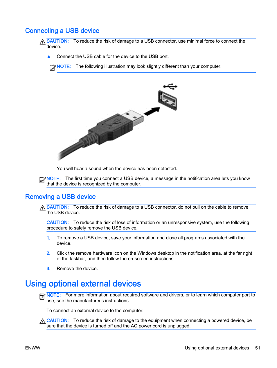 Connecting a usb device, Removing a usb device, Using optional external devices | Connecting a usb device removing a usb device | HP EliteBook Revolve 810 G2 Tablet User Manual | Page 61 / 116