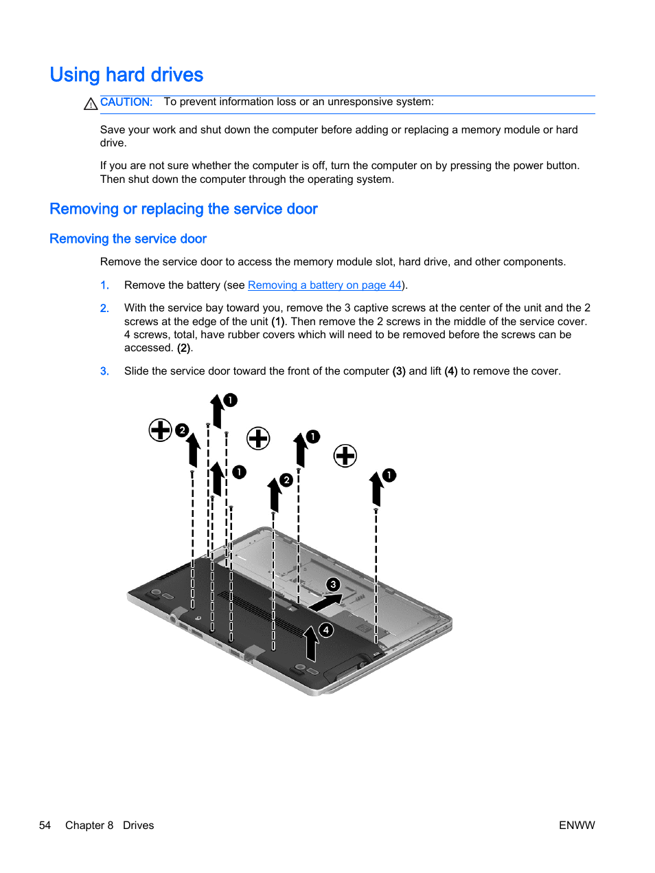 Using hard drives, Removing or replacing the service door, Removing the service door | HP EliteBook Revolve 810 G2 Tablet User Manual | Page 64 / 116