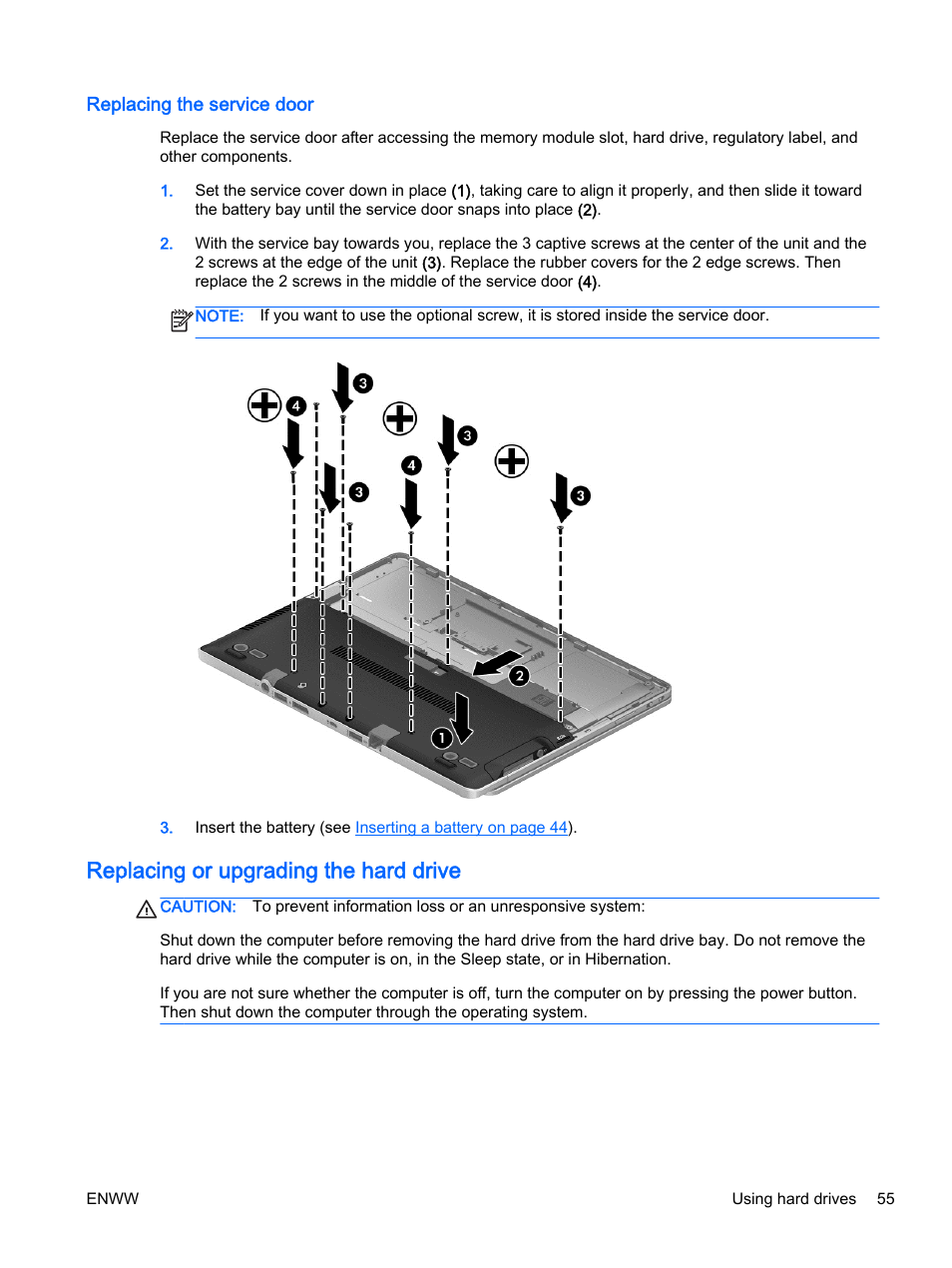 Replacing the service door, Replacing or upgrading the hard drive | HP EliteBook Revolve 810 G2 Tablet User Manual | Page 65 / 116