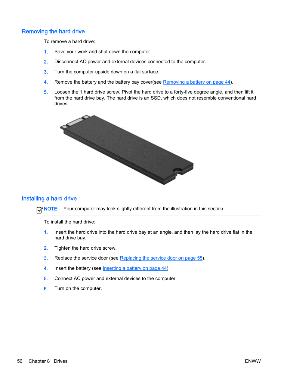 Removing the hard drive, Installing a hard drive | HP EliteBook Revolve 810 G2 Tablet User Manual | Page 66 / 116