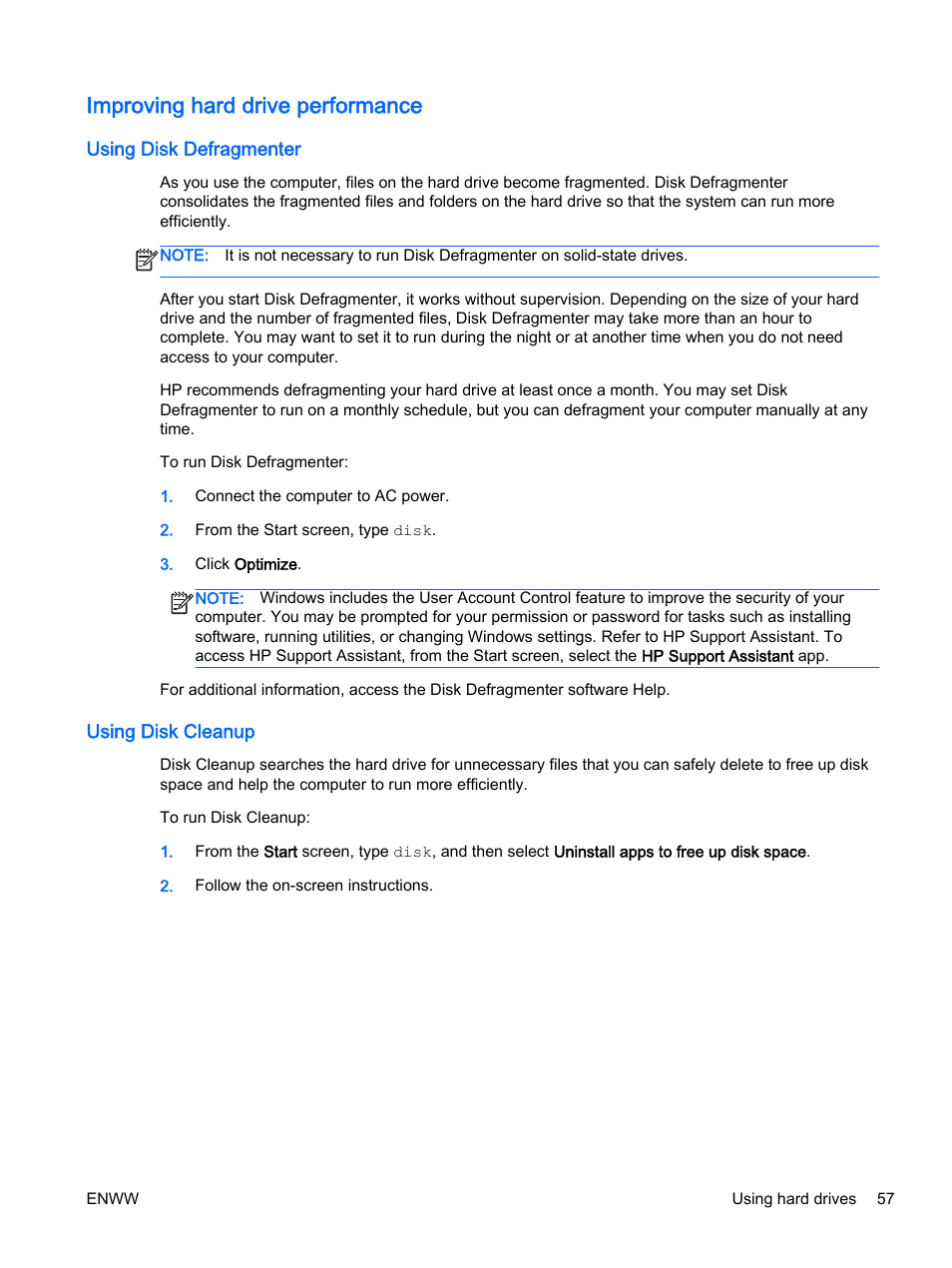 Improving hard drive performance, Using disk defragmenter, Using disk cleanup | Using disk defragmenter using disk cleanup | HP EliteBook Revolve 810 G2 Tablet User Manual | Page 67 / 116