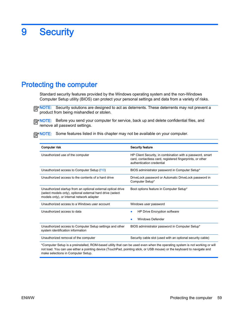 Security, Protecting the computer, 9 security | 9security | HP EliteBook Revolve 810 G2 Tablet User Manual | Page 69 / 116