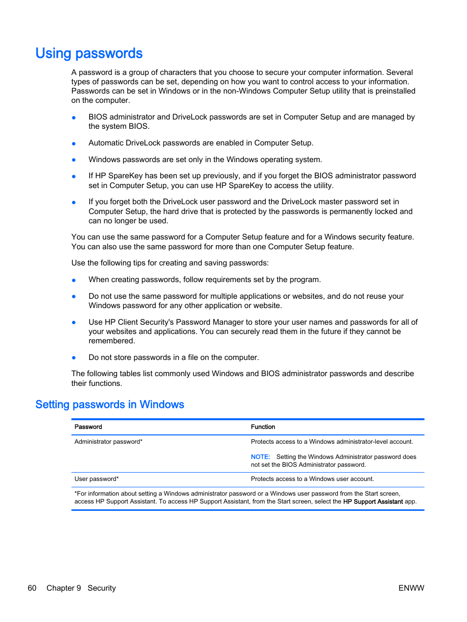 Using passwords, Setting passwords in windows | HP EliteBook Revolve 810 G2 Tablet User Manual | Page 70 / 116