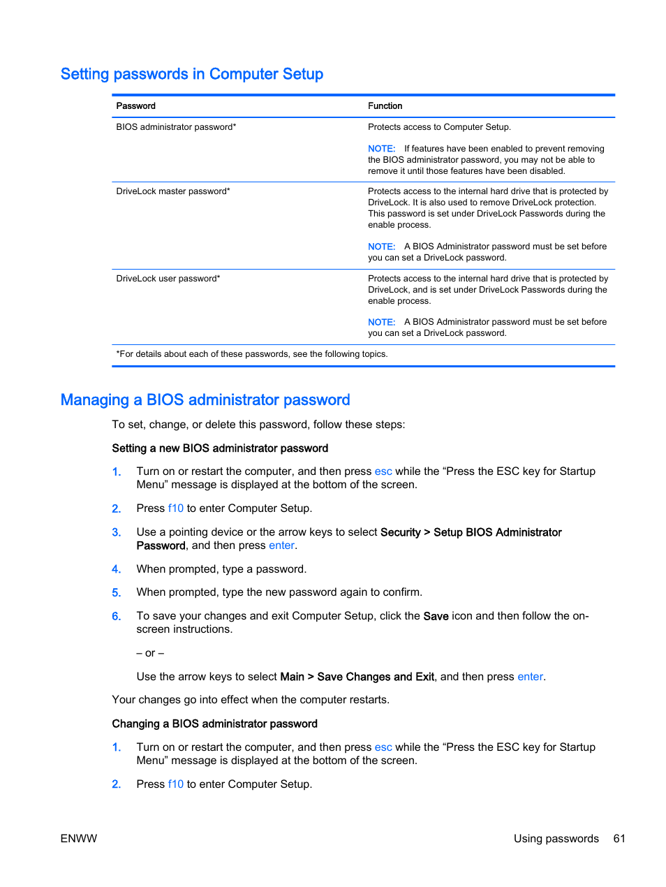 Setting passwords in computer setup, Managing a bios administrator password | HP EliteBook Revolve 810 G2 Tablet User Manual | Page 71 / 116