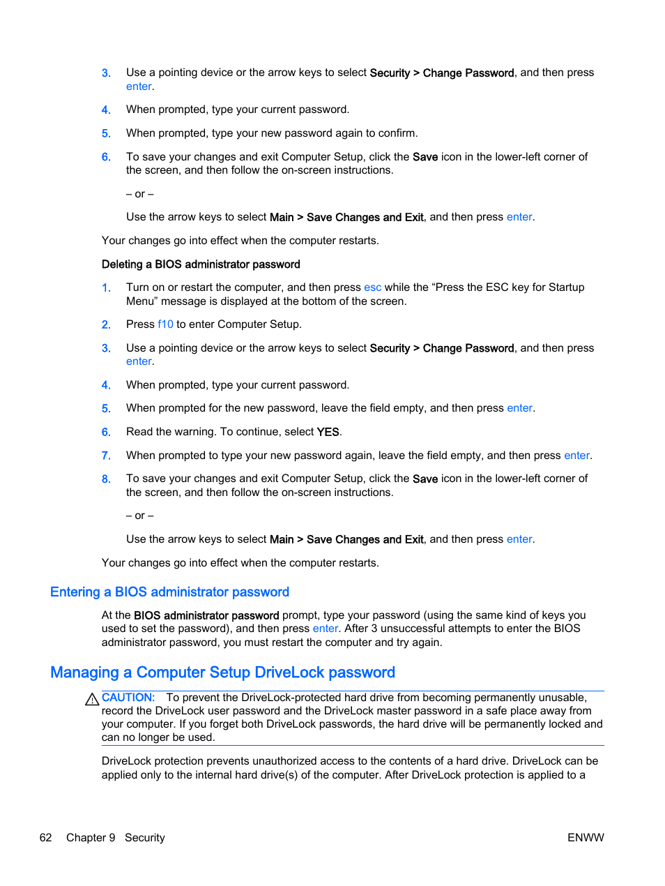 Entering a bios administrator password, Managing a computer setup drivelock password | HP EliteBook Revolve 810 G2 Tablet User Manual | Page 72 / 116