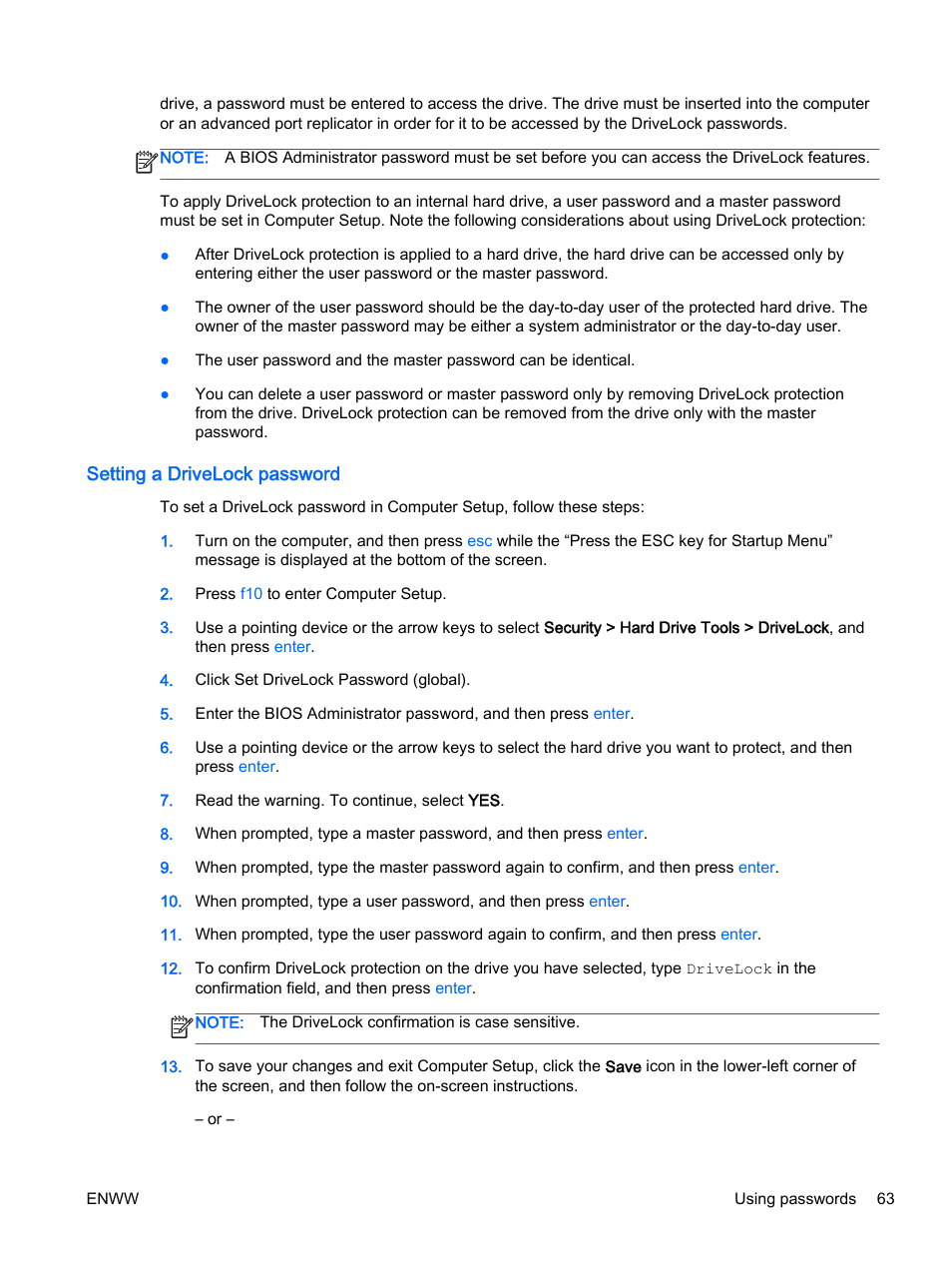 Setting a drivelock password | HP EliteBook Revolve 810 G2 Tablet User Manual | Page 73 / 116