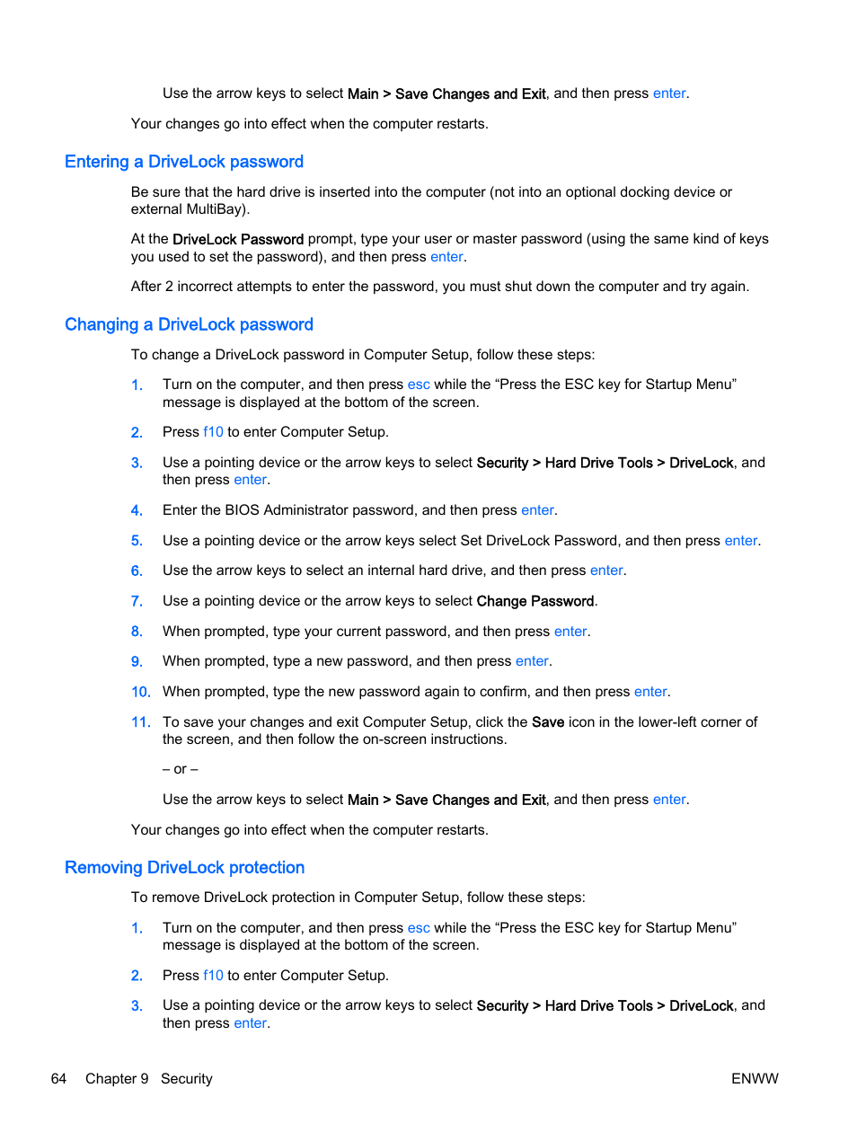 Entering a drivelock password, Changing a drivelock password, Removing drivelock protection | HP EliteBook Revolve 810 G2 Tablet User Manual | Page 74 / 116