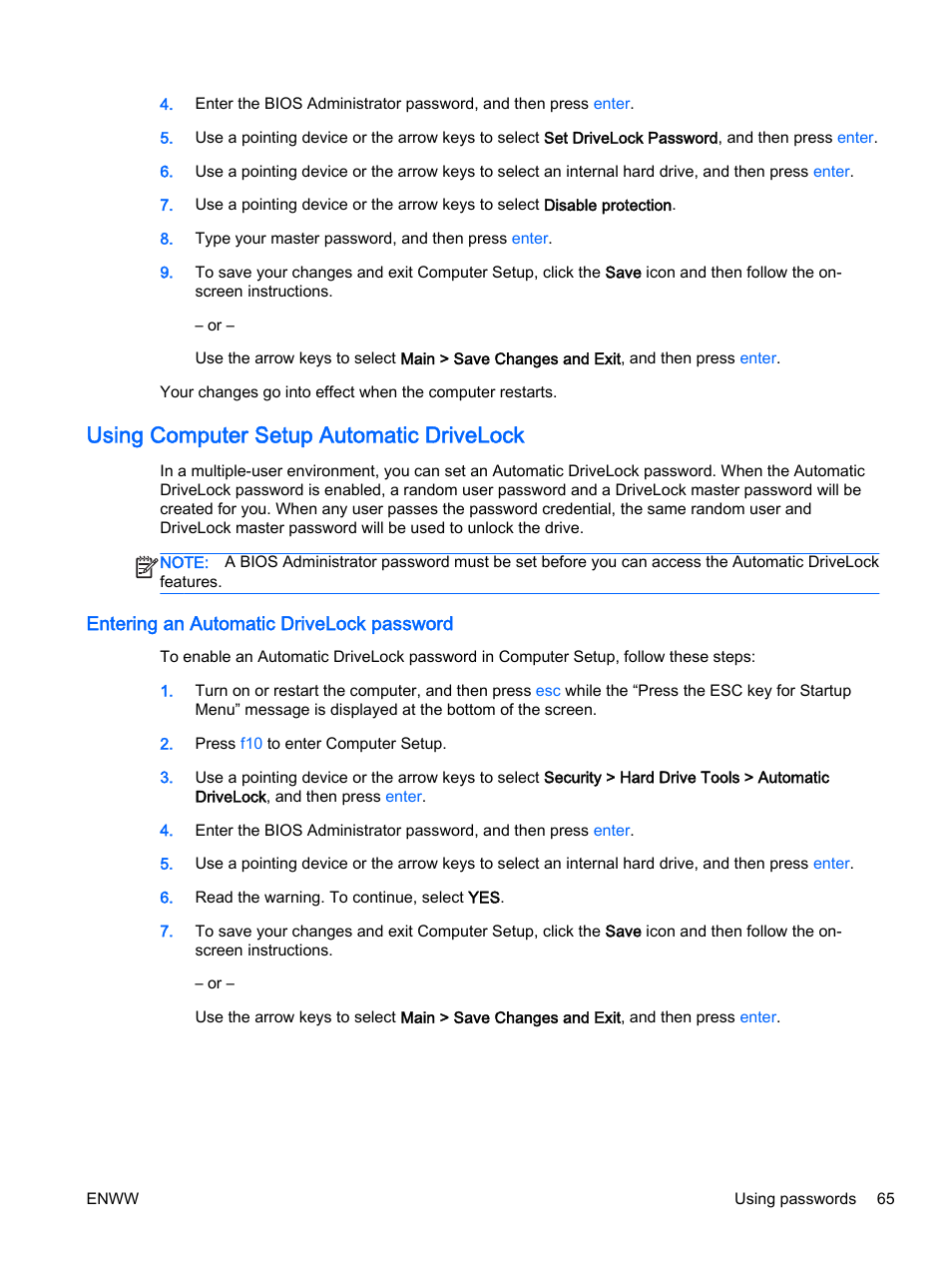 Using computer setup automatic drivelock, Entering an automatic drivelock password | HP EliteBook Revolve 810 G2 Tablet User Manual | Page 75 / 116