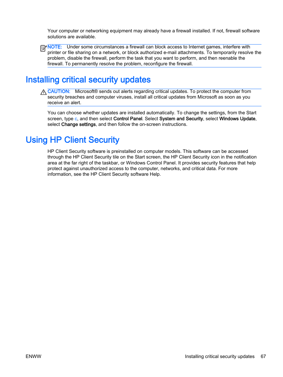 Installing critical security updates, Using hp client security | HP EliteBook Revolve 810 G2 Tablet User Manual | Page 77 / 116