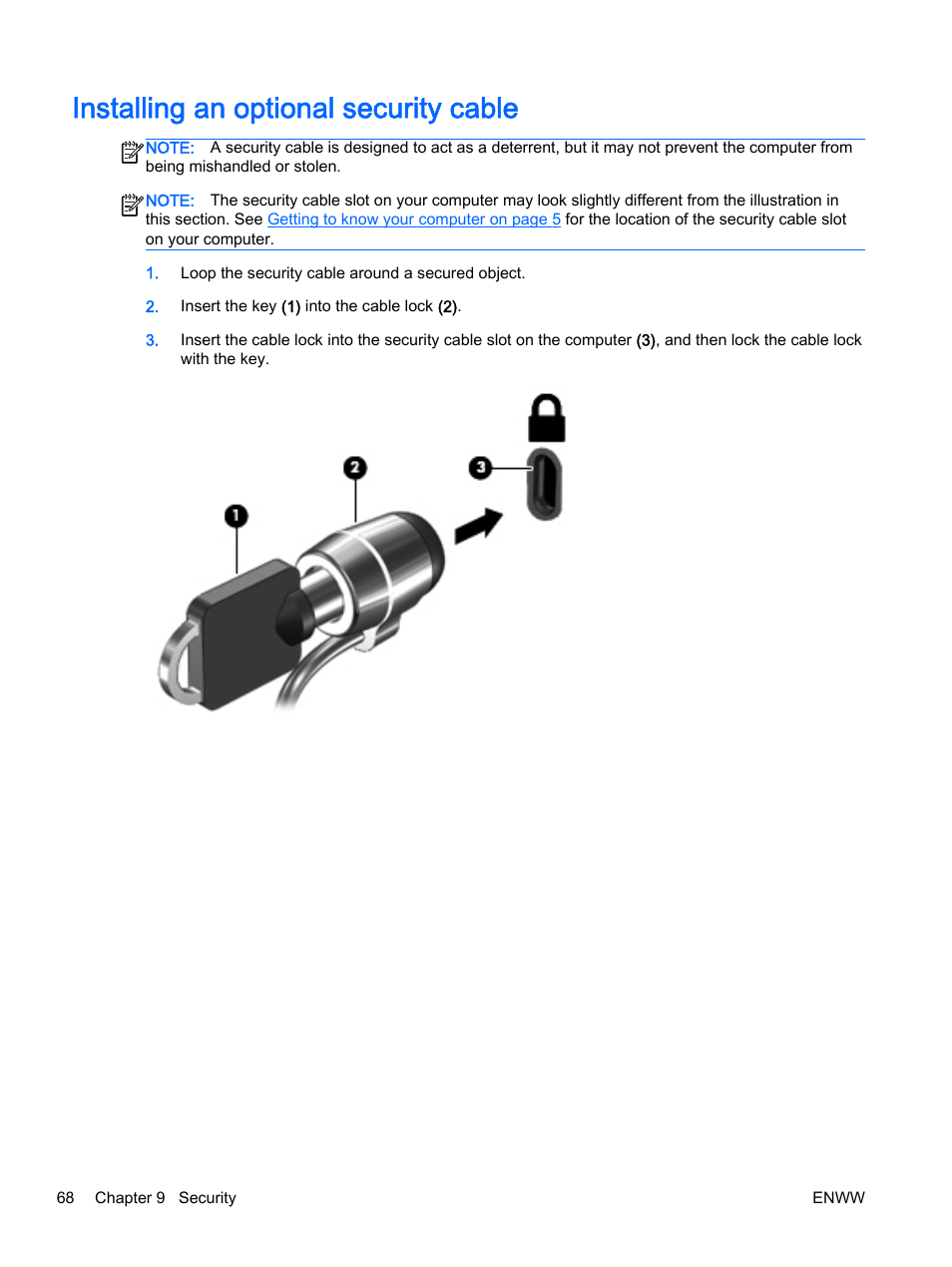 Installing an optional security cable | HP EliteBook Revolve 810 G2 Tablet User Manual | Page 78 / 116