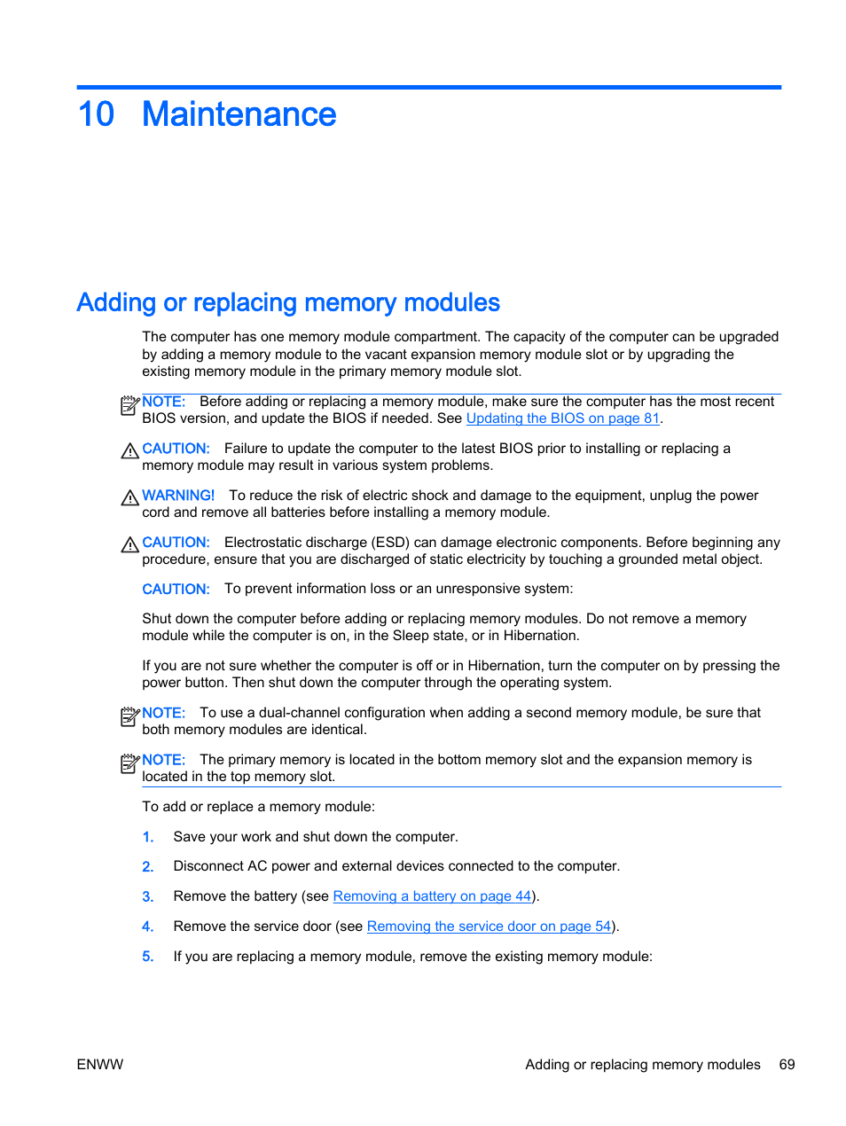 Maintenance, Adding or replacing memory modules, 10 maintenance | HP EliteBook Revolve 810 G2 Tablet User Manual | Page 79 / 116