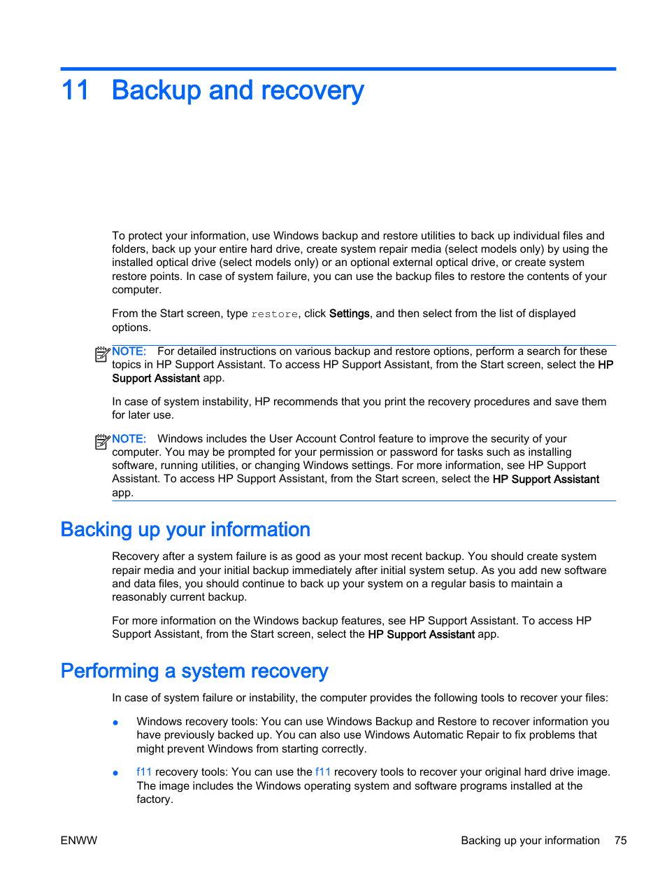 Backup and recovery, Backing up your information, Performing a system recovery | 11 backup and recovery, Backup and | HP EliteBook Revolve 810 G2 Tablet User Manual | Page 85 / 116