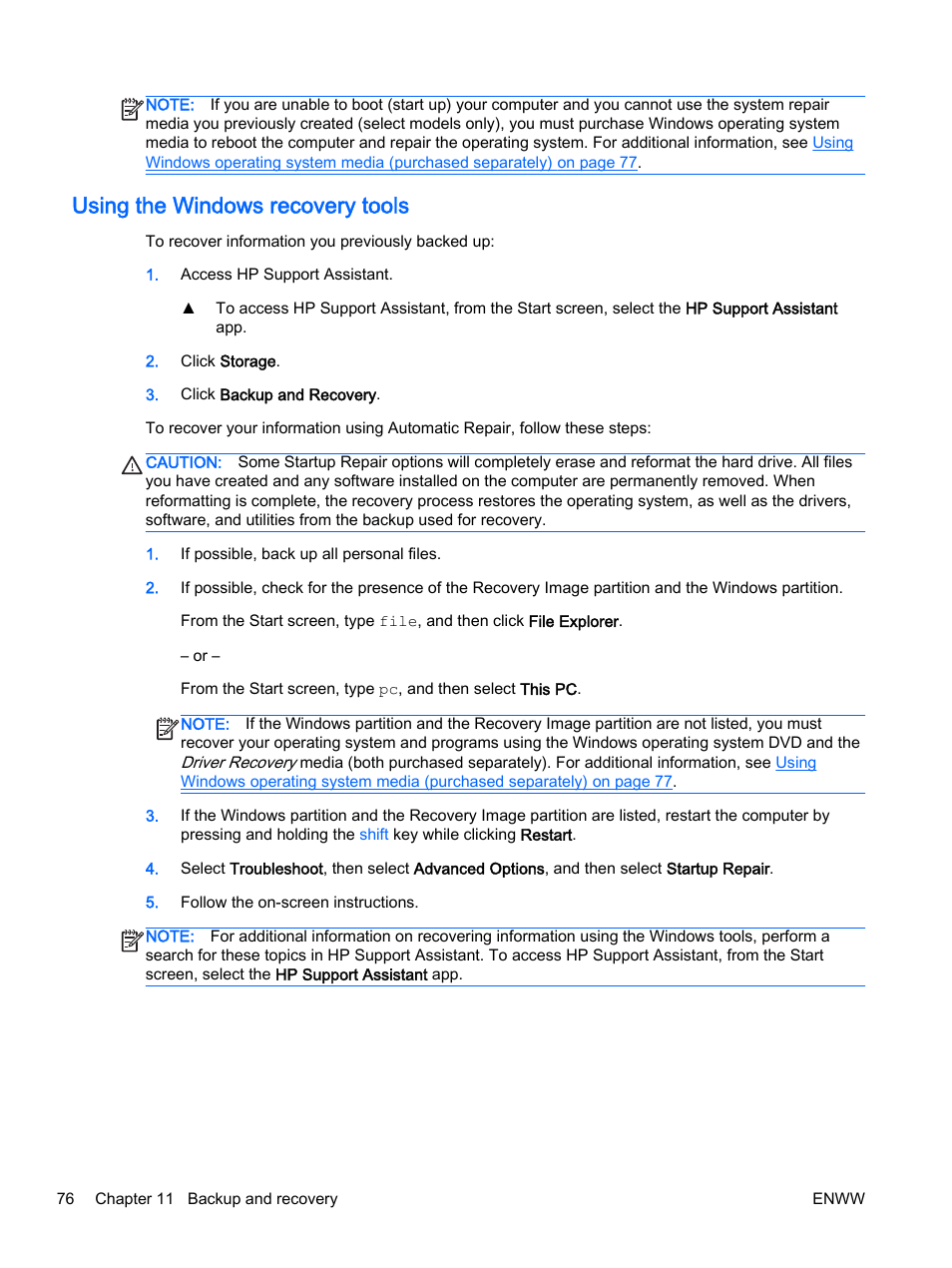 Using the windows recovery tools | HP EliteBook Revolve 810 G2 Tablet User Manual | Page 86 / 116