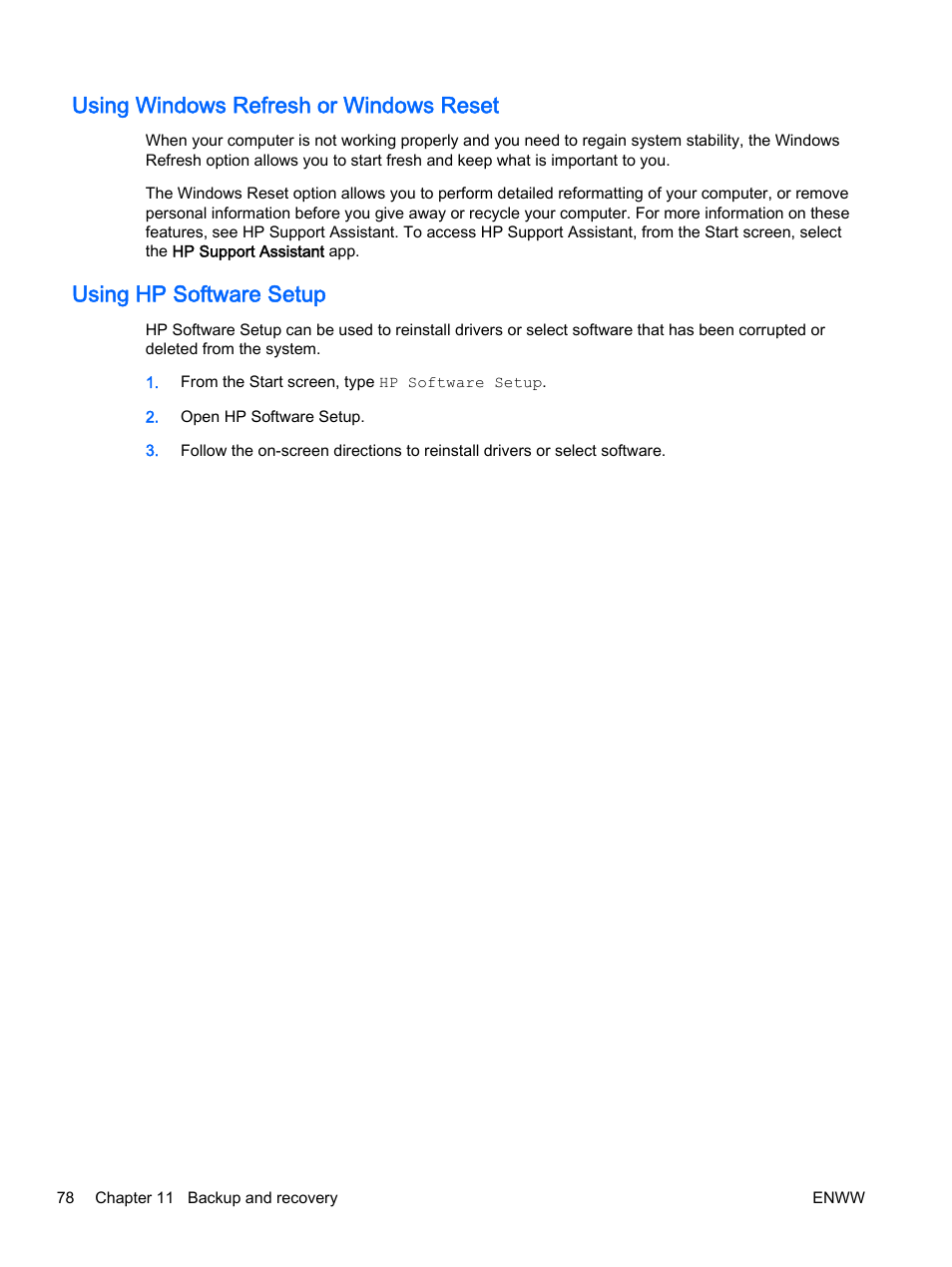 Using windows refresh or windows reset, Using hp software setup | HP EliteBook Revolve 810 G2 Tablet User Manual | Page 88 / 116