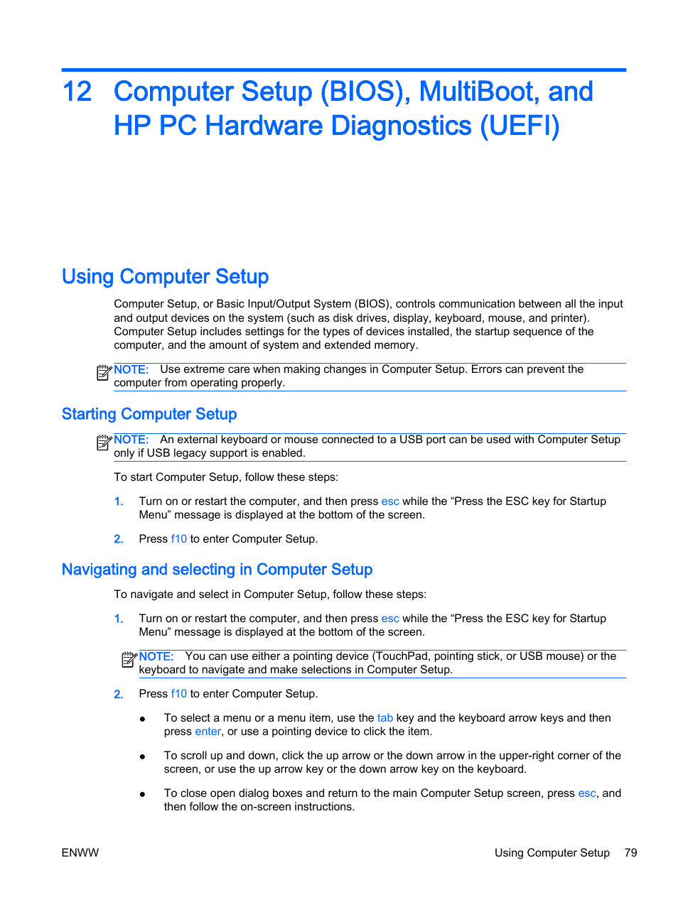 Using computer setup, Starting computer setup, Navigating and selecting in computer setup | HP EliteBook Revolve 810 G2 Tablet User Manual | Page 89 / 116