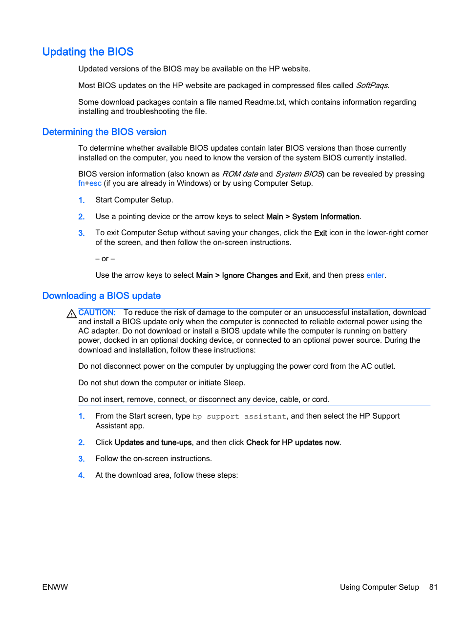 Updating the bios, Determining the bios version, Downloading a bios update | HP EliteBook Revolve 810 G2 Tablet User Manual | Page 91 / 116