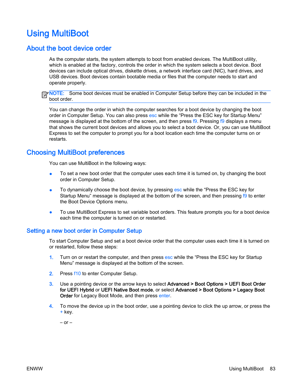 Using multiboot, About the boot device order, Choosing multiboot preferences | Setting a new boot order in computer setup | HP EliteBook Revolve 810 G2 Tablet User Manual | Page 93 / 116