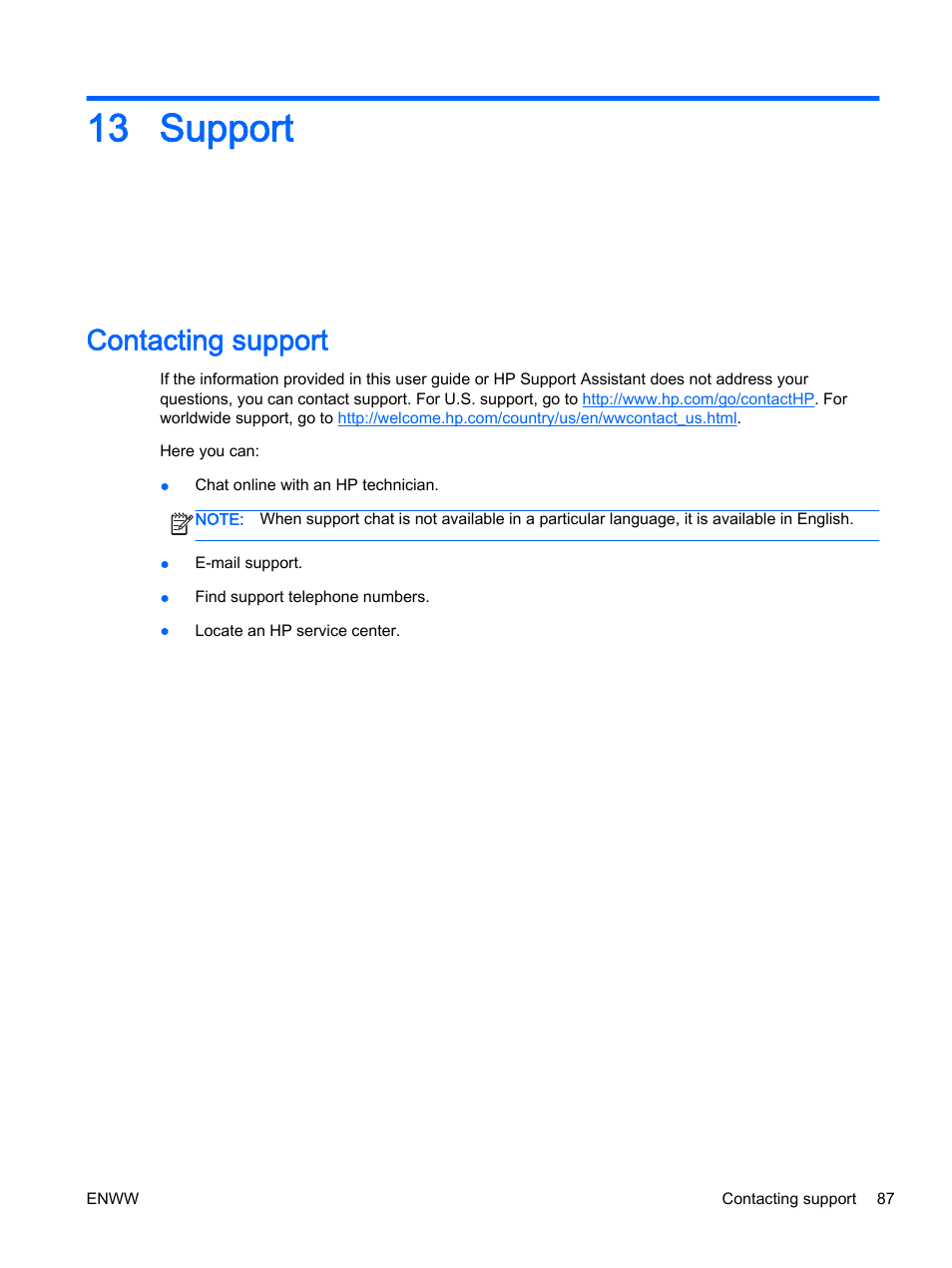 Support, Contacting support, 13 support | HP EliteBook Revolve 810 G2 Tablet User Manual | Page 97 / 116