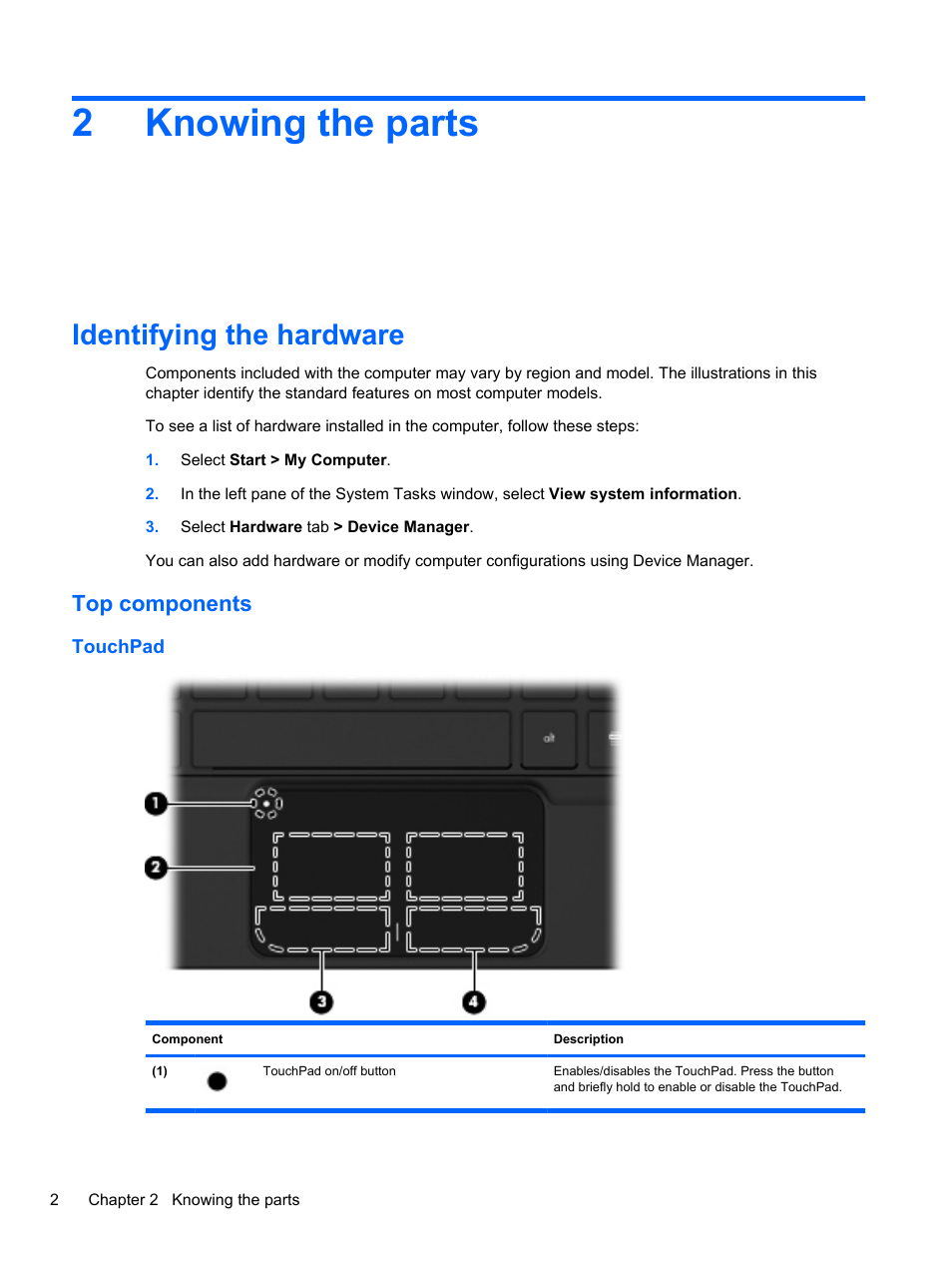 Knowing the parts, Identifying the hardware, Top components | Touchpad, 2 knowing the parts, 2knowing the parts | HP Mini 2102 User Manual | Page 10 / 87