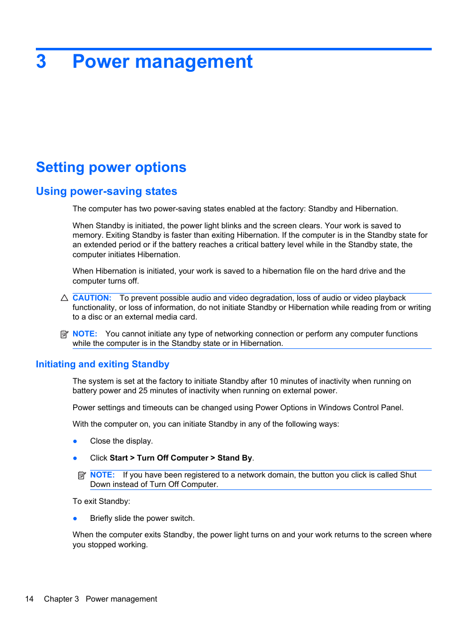 Power management, Setting power options, Using power-saving states | Initiating and exiting standby, 3 power management, 3power management | HP Mini 2102 User Manual | Page 22 / 87