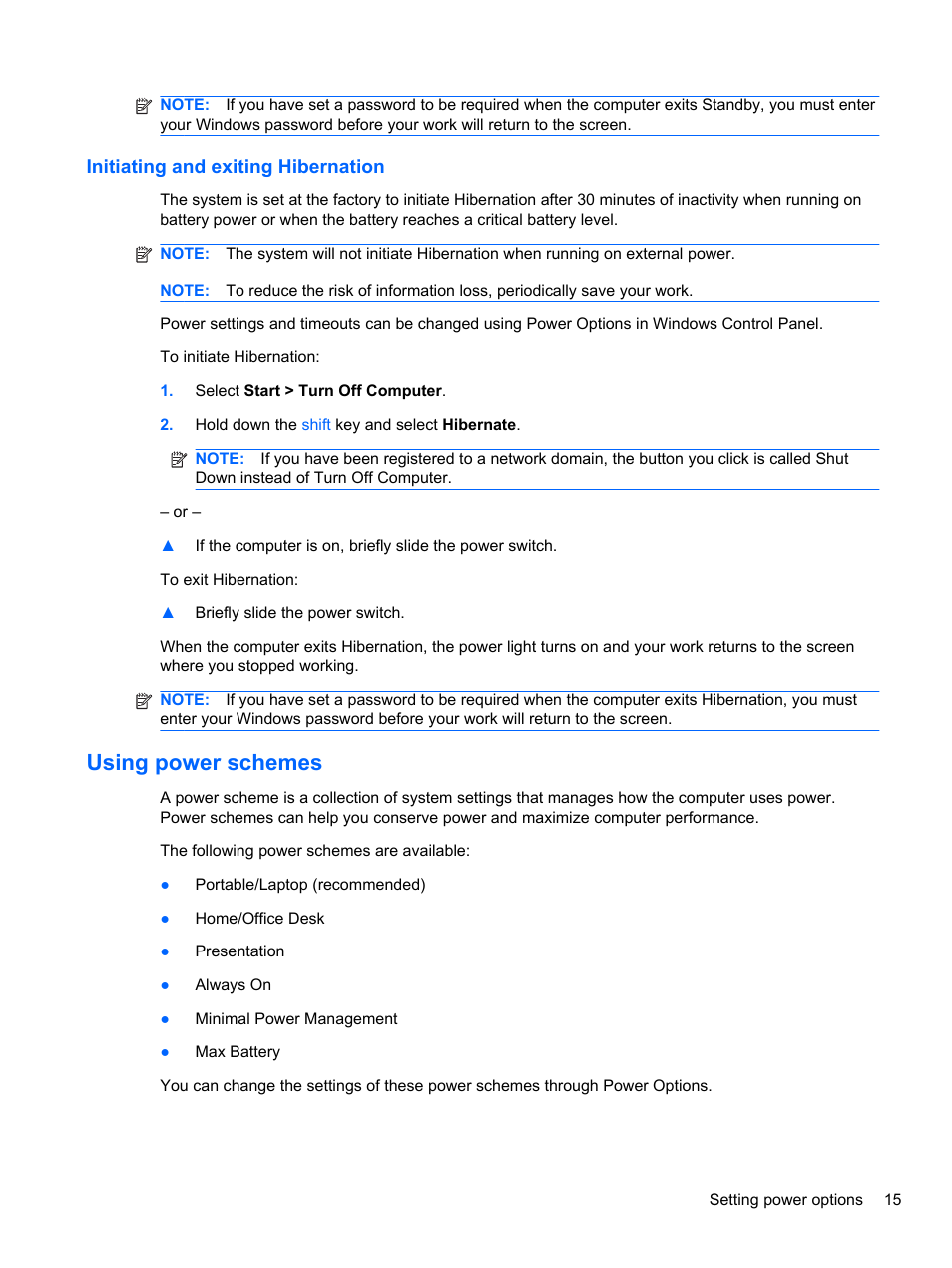 Initiating and exiting hibernation, Using power schemes | HP Mini 2102 User Manual | Page 23 / 87