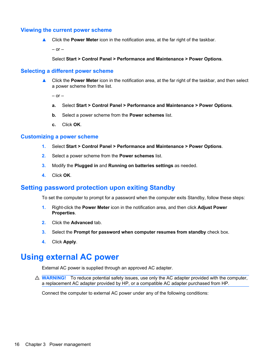 Viewing the current power scheme, Selecting a different power scheme, Customizing a power scheme | Setting password protection upon exiting standby, Using external ac power | HP Mini 2102 User Manual | Page 24 / 87