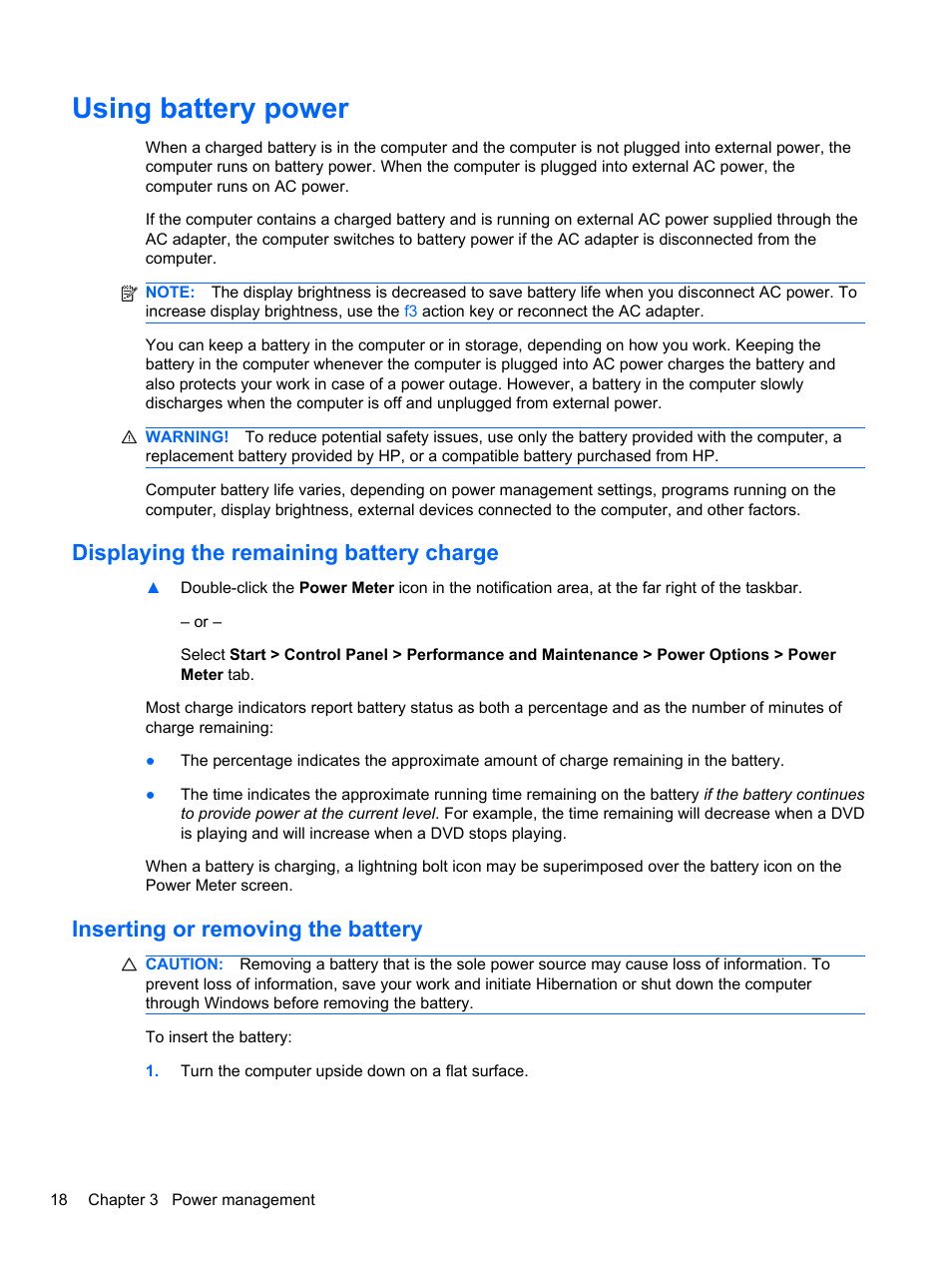 Using battery power, Displaying the remaining battery charge, Inserting or removing the battery | HP Mini 2102 User Manual | Page 26 / 87