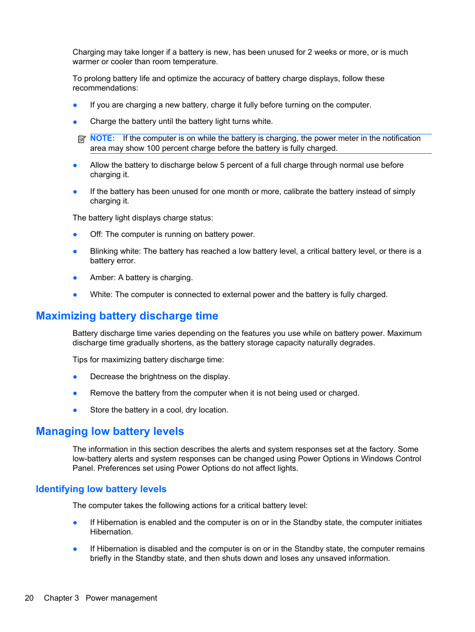 Maximizing battery discharge time, Managing low battery levels, Identifying low battery levels | HP Mini 2102 User Manual | Page 28 / 87