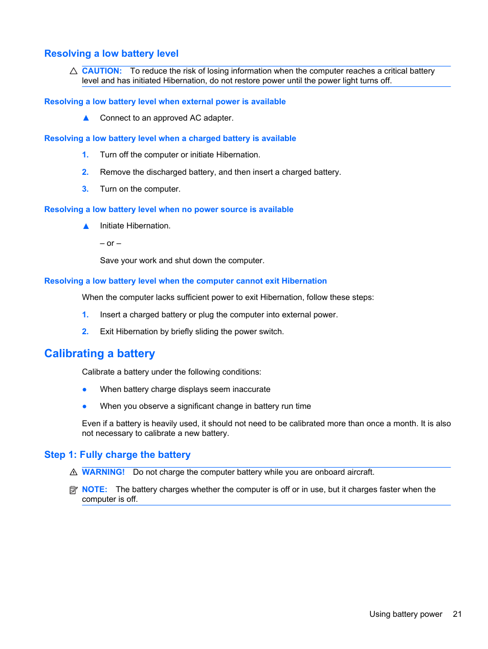 Resolving a low battery level, Calibrating a battery, Step 1: fully charge the battery | HP Mini 2102 User Manual | Page 29 / 87