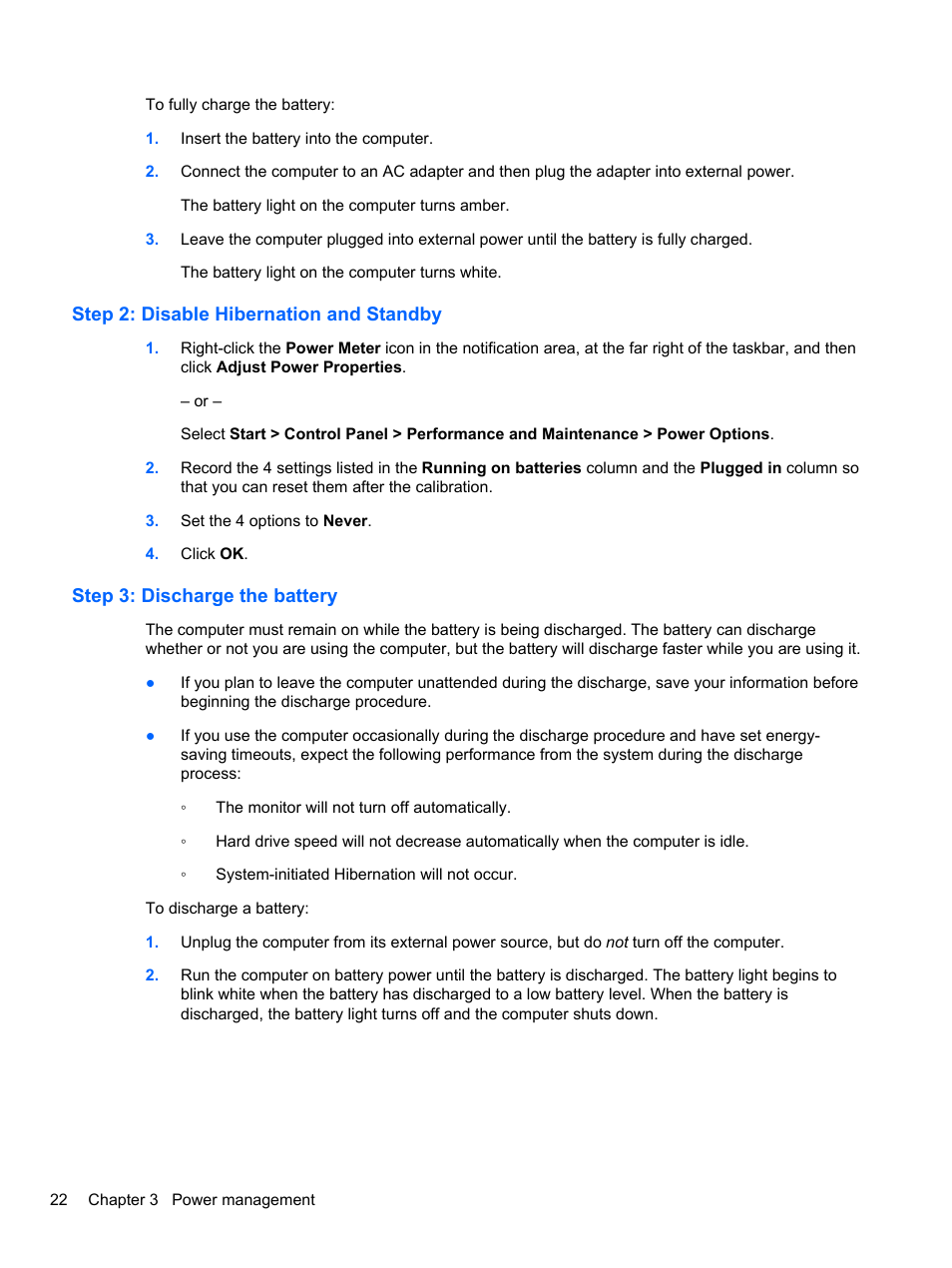 Step 2: disable hibernation and standby, Step 3: discharge the battery | HP Mini 2102 User Manual | Page 30 / 87