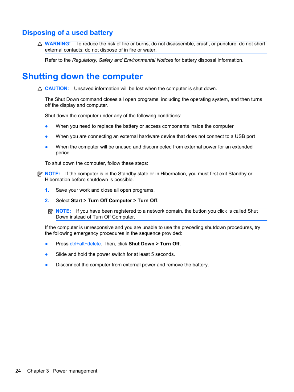 Disposing of a used battery, Shutting down the computer | HP Mini 2102 User Manual | Page 32 / 87