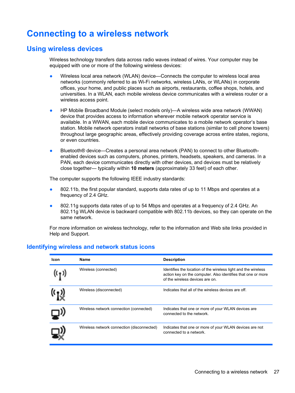 Connecting to a wireless network, Using wireless devices, Identifying wireless and network status icons | HP Mini 2102 User Manual | Page 35 / 87