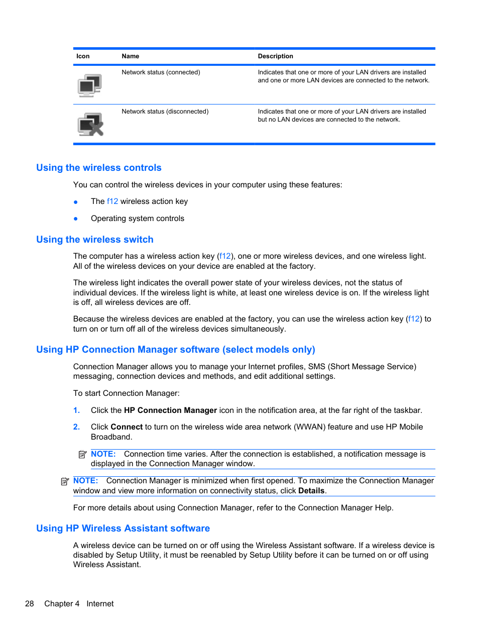 Using the wireless controls, Using the wireless switch, Using hp wireless assistant software | HP Mini 2102 User Manual | Page 36 / 87