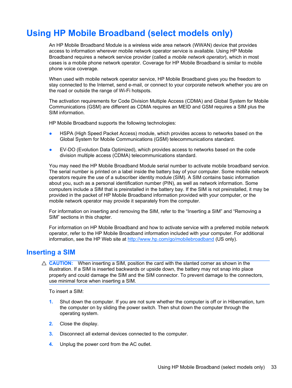 Using hp mobile broadband (select models only), Inserting a sim | HP Mini 2102 User Manual | Page 41 / 87