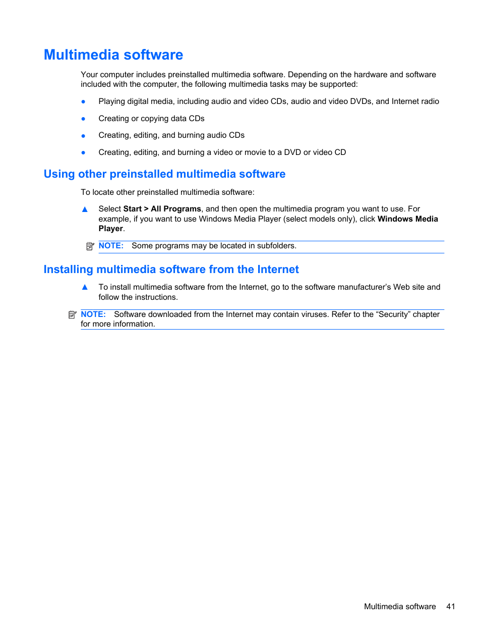 Multimedia software, Using other preinstalled multimedia software, Installing multimedia software from the internet | HP Mini 2102 User Manual | Page 49 / 87